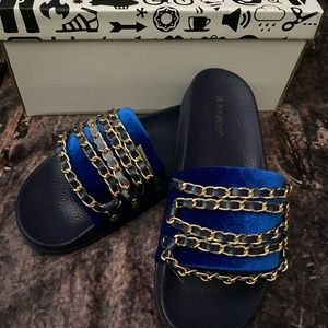Bamboo Cozy-03 Slide Velvet Sandal in Navy Blue -Size 6